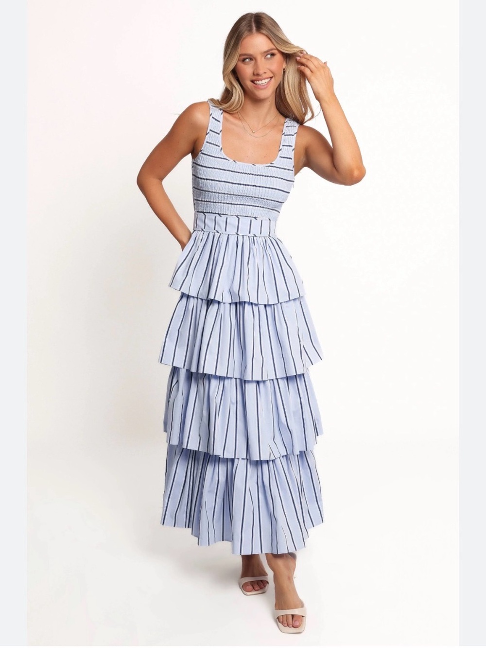 Petal & Pup Waverly Tiered Maxi Dress Blue Stripe Smocked Sleeveless Size Small